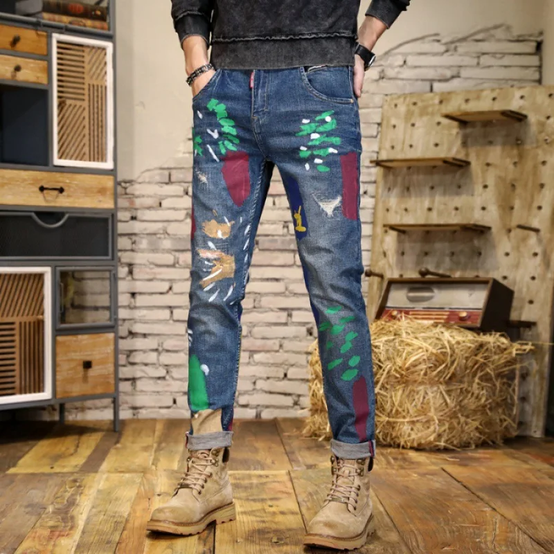 Paint Printing Street Design Denim Men's Fashion Scratch Slim High Street Washed-out Vintage Personality Skinny Pants