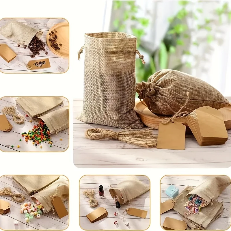 21pcs Linen Bundle Pocket, Wedding Party Gift Bag, Christmas Jewelry Bag, DIY Linen Bag Set, with Drawstring and Label