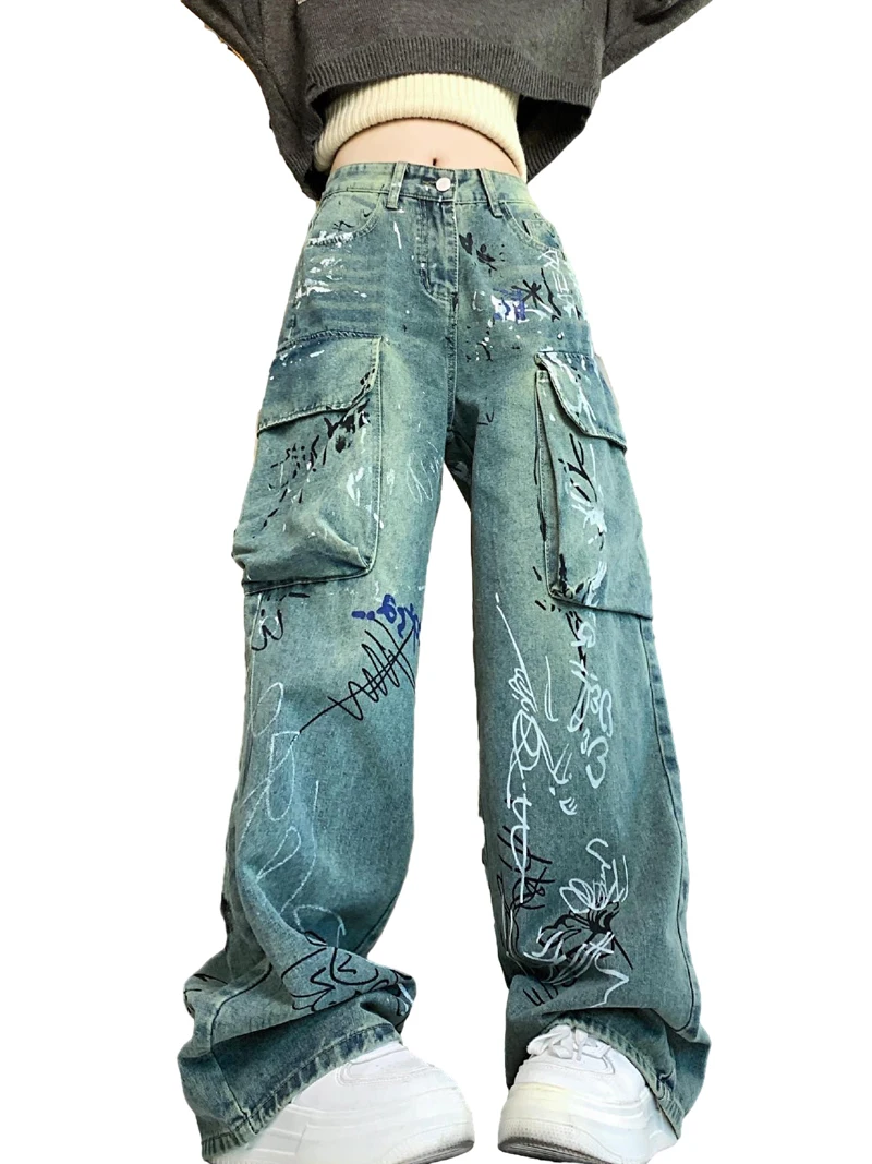 Graffiti Printed Denim Jeans Unisex Side Pocket Straight Cargo Jean Trousers Hip Hop Streetwear Casual Loose Joggers Jeans Pants