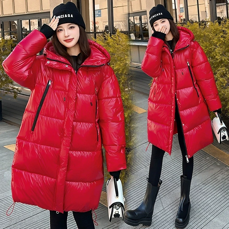 Winter Korean Style Loose Coat Warm Stand-collar Down Jacket Women's Shiny Mid-length Down Jacket