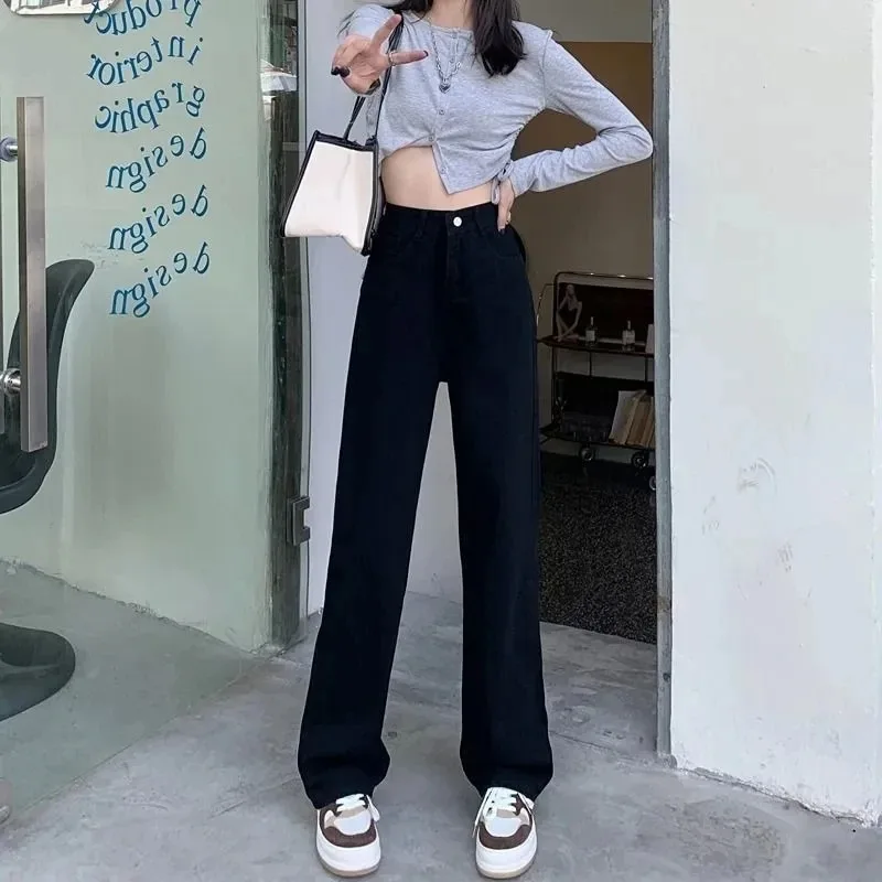 Женские джинсы с широкими штанинами, повседневные белые прямые брюки из денима с высокой талией в Корейском стиле, 2024