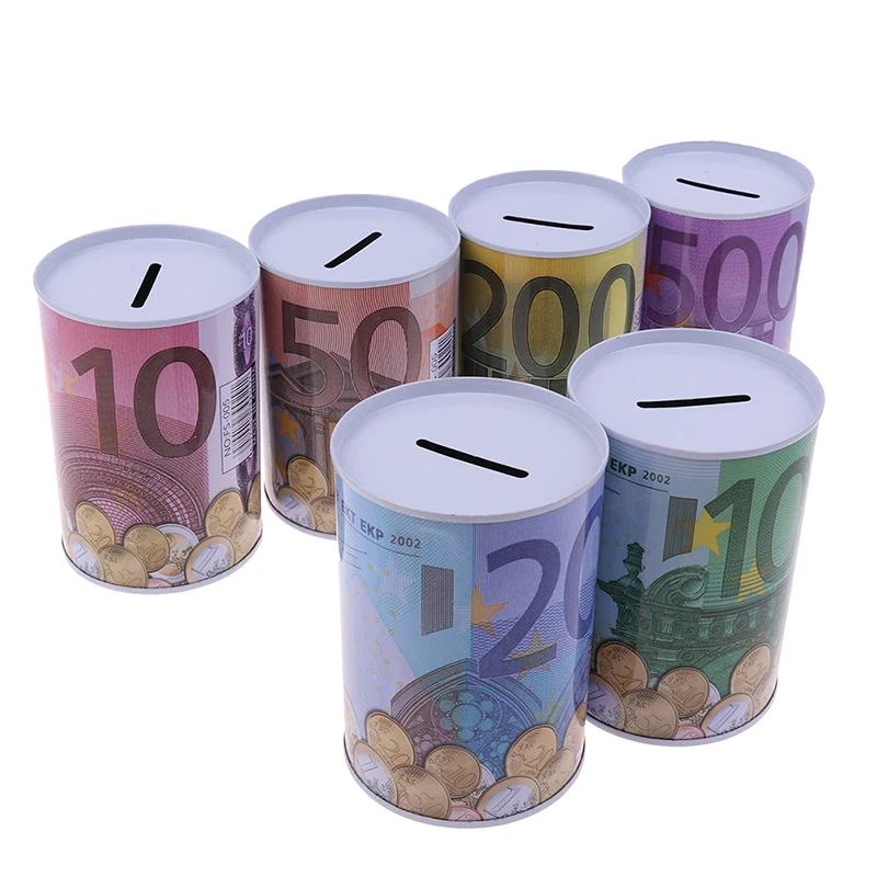 Children's Coin Canister Euro Dollar Money Jar Coin Box Safe Cylinder Piggy Bank Tinplate Deposit Boxes Gift Savings Jars