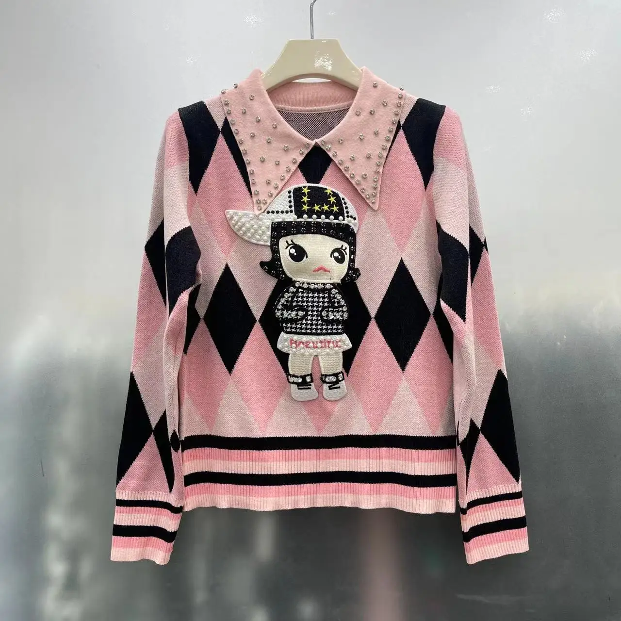 

Vintage Cartoon Embroidery Sweater Women Argyle Diamonds Beading Knitted Pullover Long Sleeve Tops Autumn Pink Sweaters Jumper