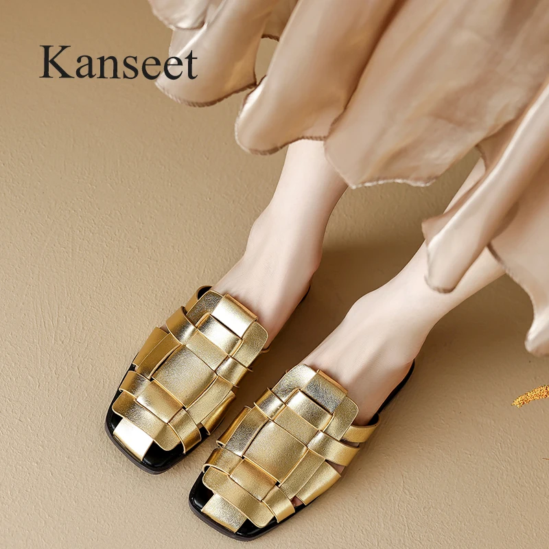 

Kanseet Slippers Women 2023 Summer Comfortable Flats Genuine Leather Mules Shoes Handmade Casual Ladies Outside Slipper Silver