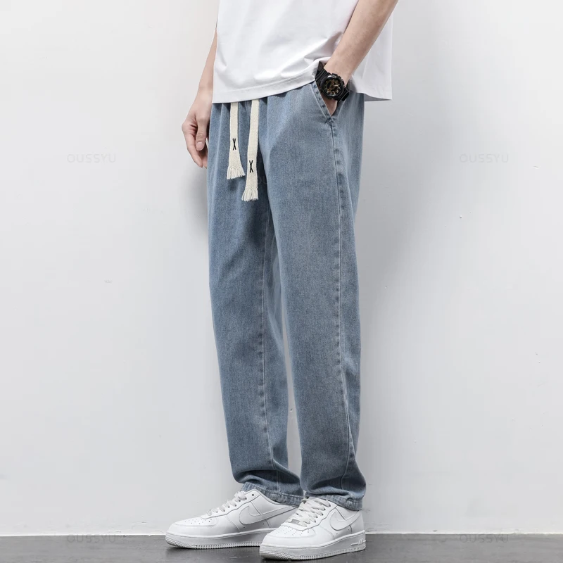 Autumn Winter Men's Jeans Cotton Soft Drawstring Straight Pants