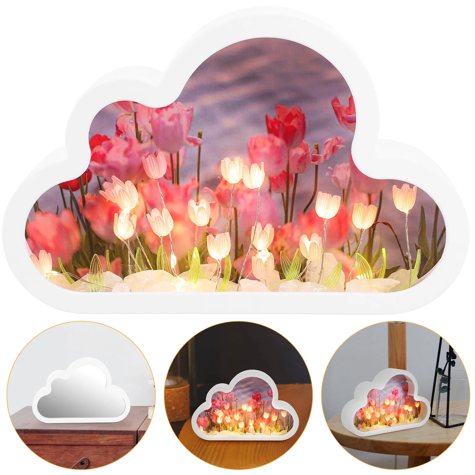 

Handmade DIY Cloud Tulip Mirror Night Light Luminous Ornaments Decor Aesthetic Lamps Shine Flower Plastic for Bedroom Floral