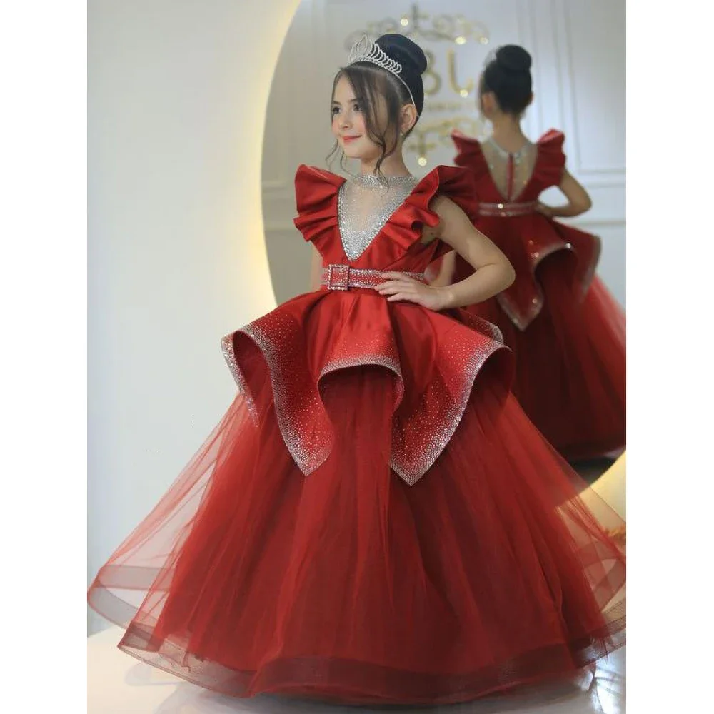 Classic Crew Neck Girl Dresses Sequined Fashion Ruched Floor Length A-Line Birthday Party Gowns Pageant Wedding Dresses