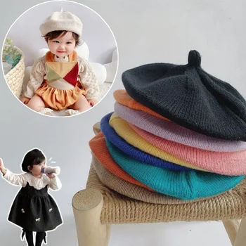 Spring and Autumn Korean Style Candy Colored Versatile Knitted Beret for Boys and Girls Children's Trendy Casual Woolen Hat 1