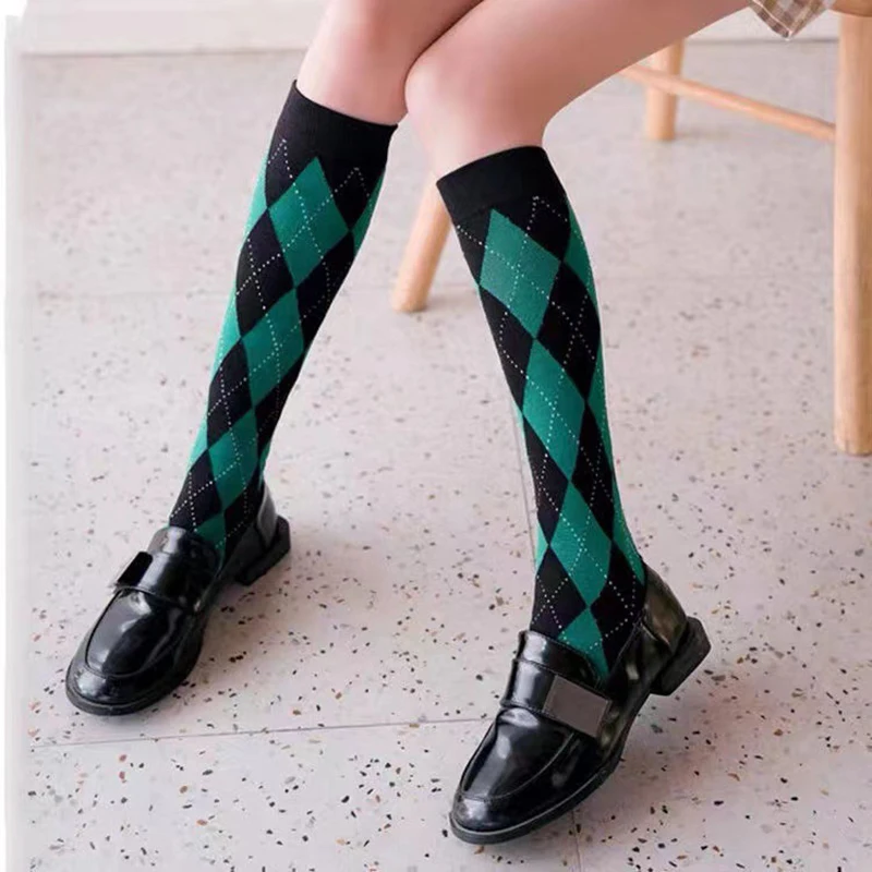 

Retro Vintage Women Knee High Cotton Long Socks Fashion JK Lolita Stockings Rhombus Lattice Warm Calf Socks Japanese Korea Style