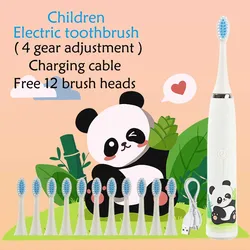 Kids Cartoon Electric Toothbrush with Replacement Head - Waterproof Rechargeable Sonic Technology (White 12heads)
