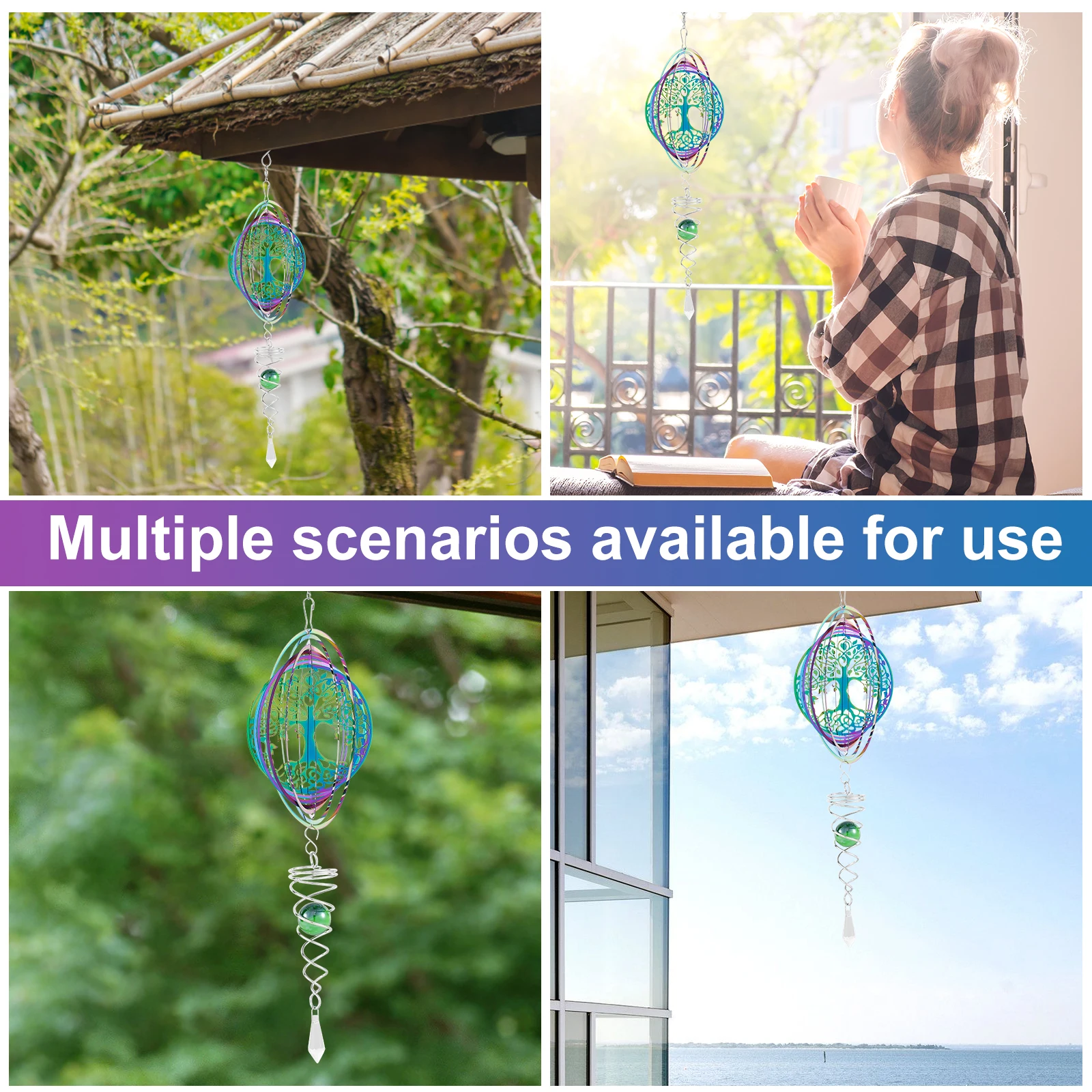 Outdoor 3D Wind Spinners Stainless Steel Tree of Life Wind Spinner with Spiral Tail Hanging Wind Spinners for Garden Decorations