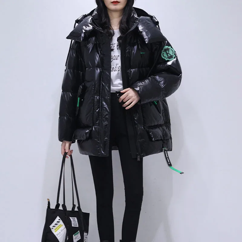 

Черный пуховик женский Зимний новый теплый съемный Паркер с капюшоном женское блестящее средство для стирки лица 90% пуховое пальто на белом утином пуху
