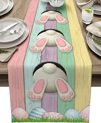 Easter Eggs Rabbit Butt Colorful Wood Grain Linen Table Runners Party Decor Farmhouse Dining Table Runners Wedding Decorations