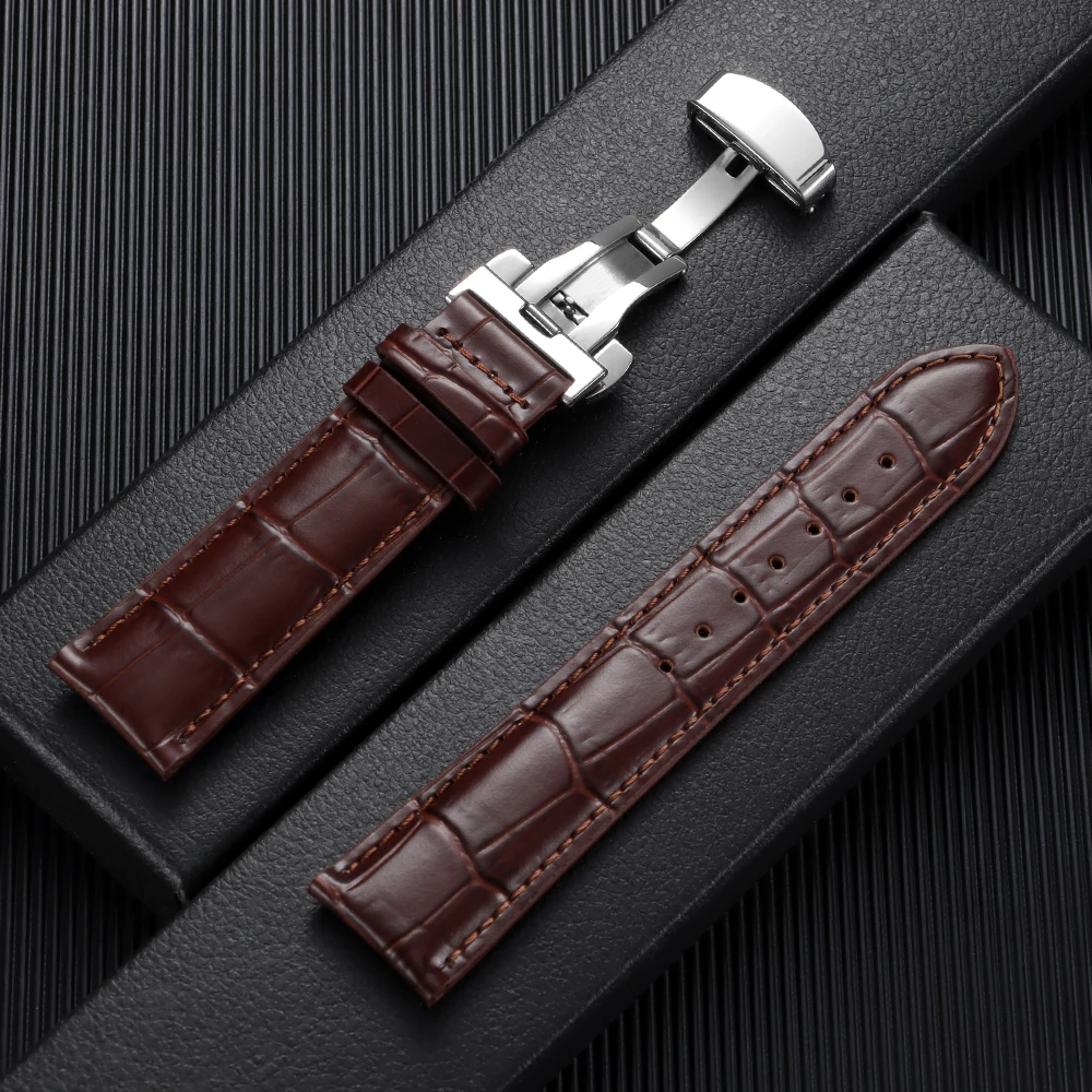 Elegant Butterfly Buckle Genuine Calfskin Leather Watch Strap - Soft and Stylish Wristband