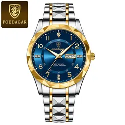 Luxury Men's Waterproof Stainless Steel Quartz Watch with Luminous Display and Date Function (Gold Gold Blue)