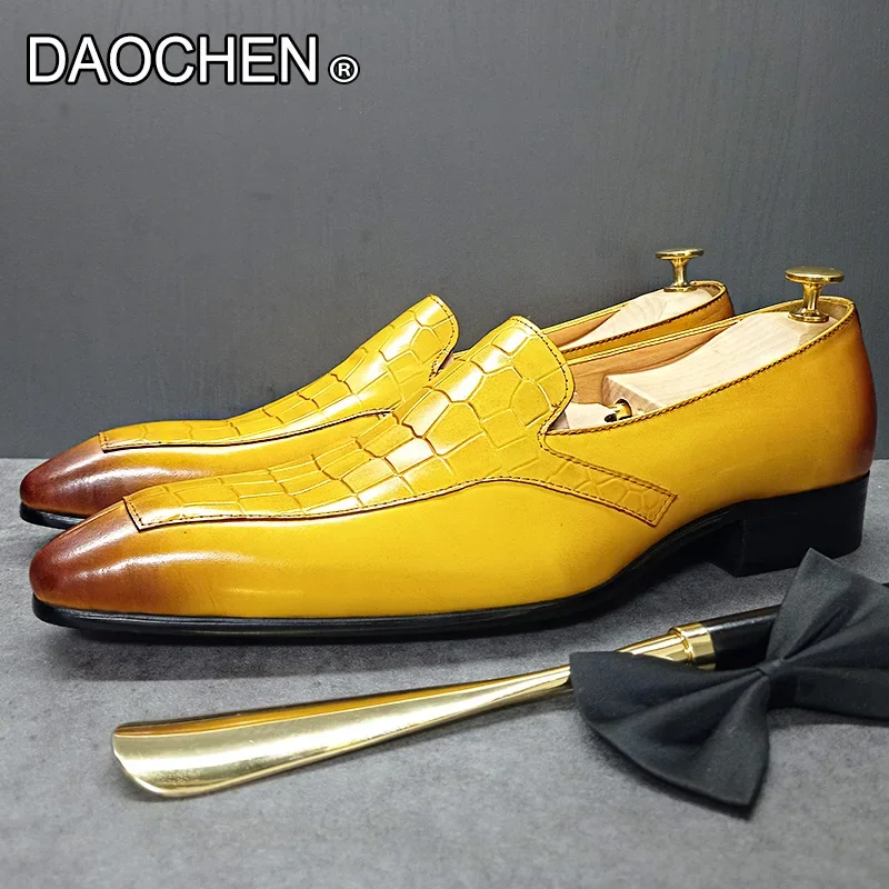 

LUXURY MEN'S LOAFERS SHOES SLIP ON SPLIT TOE YELLOW CROCODILE PRINT CASUAL DRESS SHOES OFFICE WEDDING LEATHER SHOES MEN