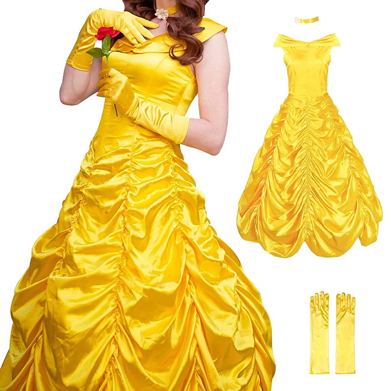 Belle Costume Women Beauty and The Beast Cosplay Costume Belle Princess Dress Palace Prom Yellow