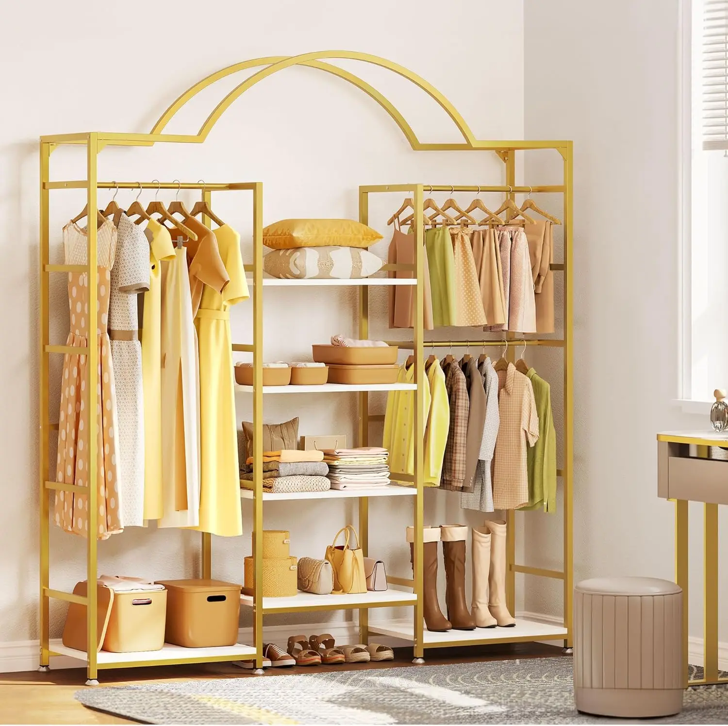 Heavy Duty Clothes Rack with Storage Shelves, Closet Organizer System for Hanging Clothes, 4-Tier Garment Rack Wardrobe with 3 H 6