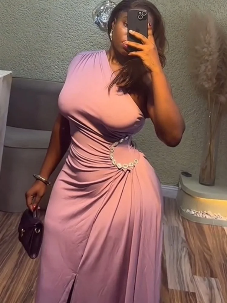 Wmstar Dress Women Wholesale A New Summer 2025 with A Stylish Slanted Collar Pleated Diamond Encrusted Waist Irregular Length