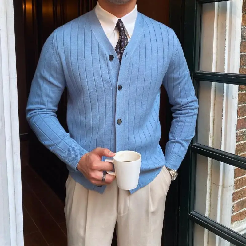 Rascal 멋진 V넥 슬림핏 핏 스트립 긴팔 캐주얼 단색 남성 스웨터 가디건, 용수철 가을 시니어 신상, 2023