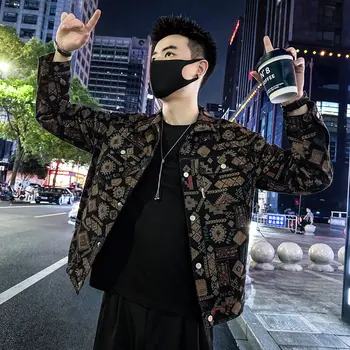 Nuova giacca di jeans con risvolto primavera autunno Cappotto da cowboy con stampa stile etnico alla moda da uomo 1