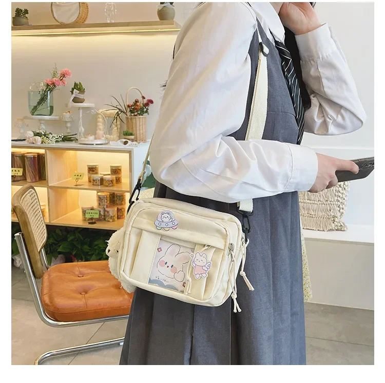 Japanese Cute Shoulder Bags  Teenage Girls Transparent Bags New Sweet Canvas Crossbody Bags School Style Bolso Mujer