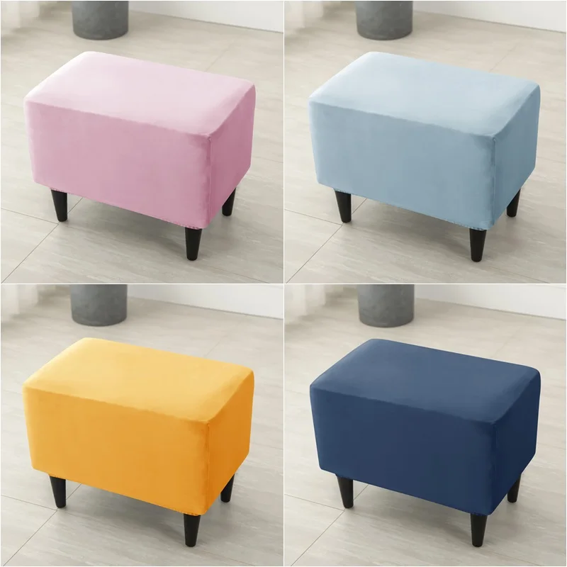 Soft Velvet Ottoman Stool Cover Stretch Rectangle Footrest Slipcover