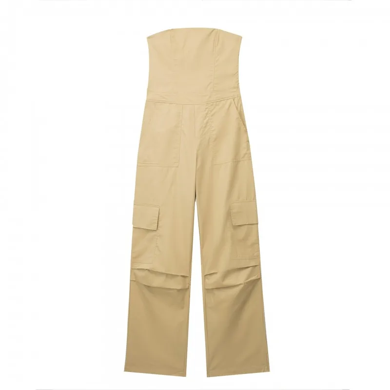 

Strapless Cargo Jumpsuit With Pockets Vintage Straight Neck Side Zipper Women's Fashion Playsuits Mujer