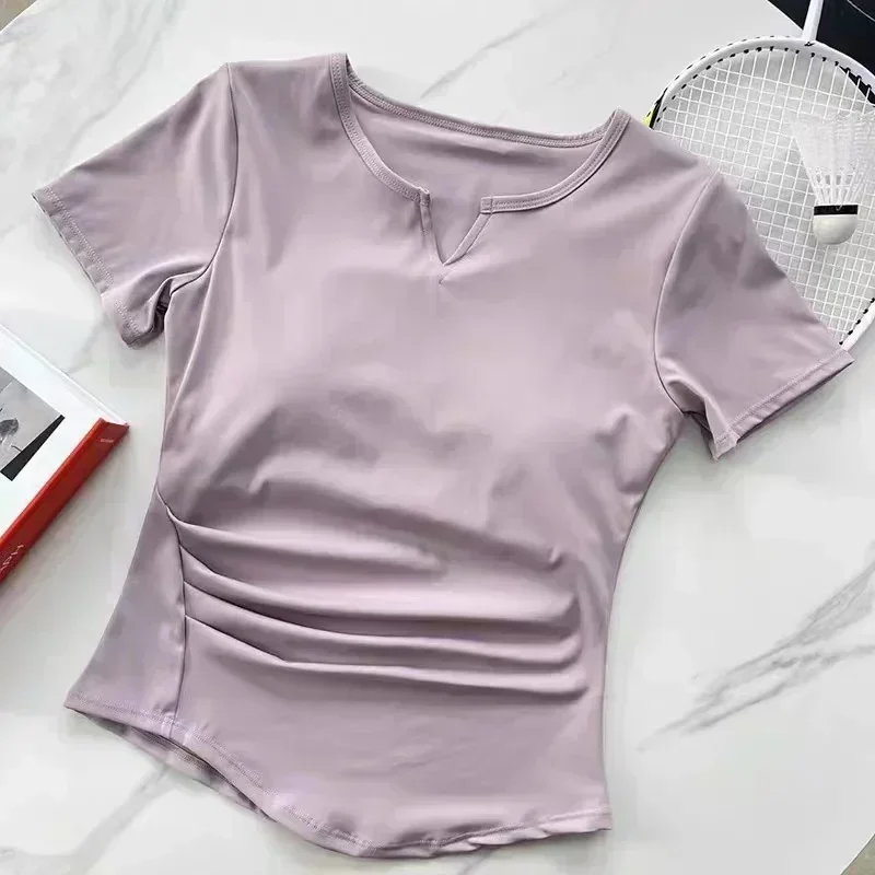 Lemon Women V-neck Fitness Running Sport Short Sleeve Shirt With Chest Pad Comfortable Elastic Pleats Yoga Clothes Pilates Top