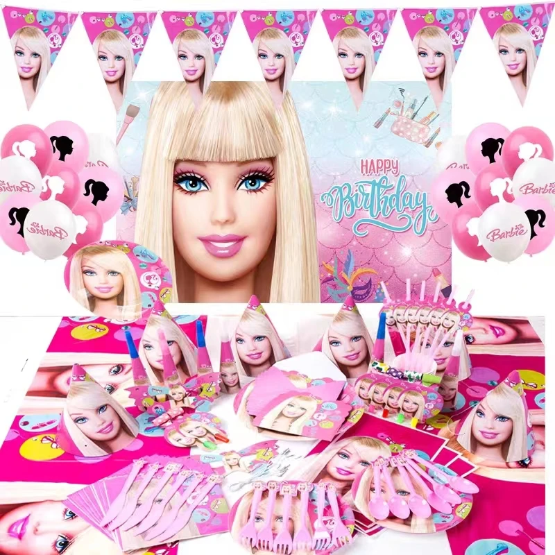 Barbie Birthday Party Decoration Pink Cartoon Happy Princess Girls Theme  Plates Cups Tableware Set Balloons Supplies Baby Shower
