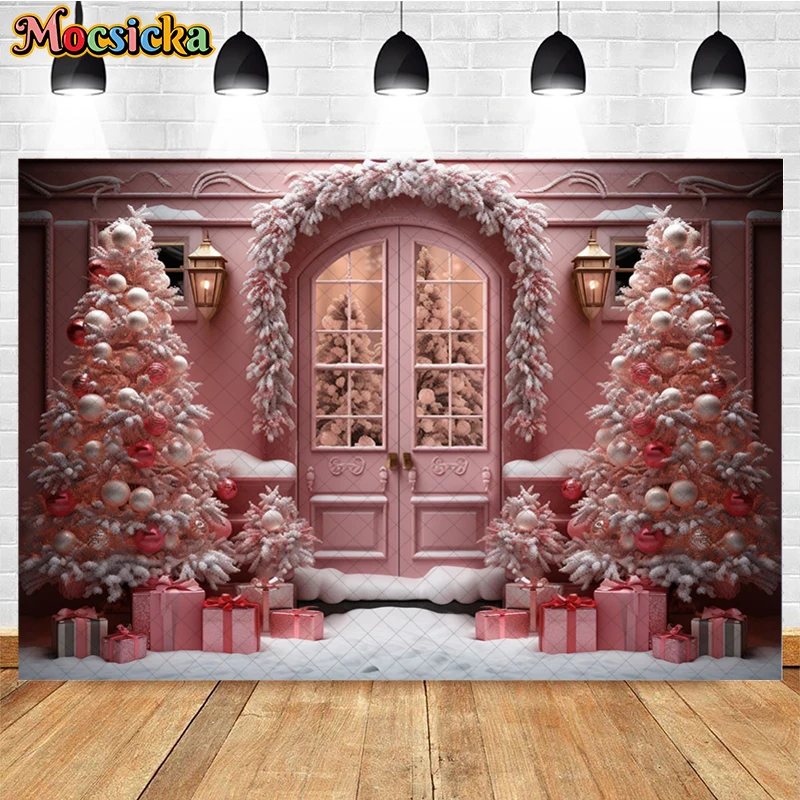 Mocsicka Pink Christmas Tree Photography Backgrounds House Door