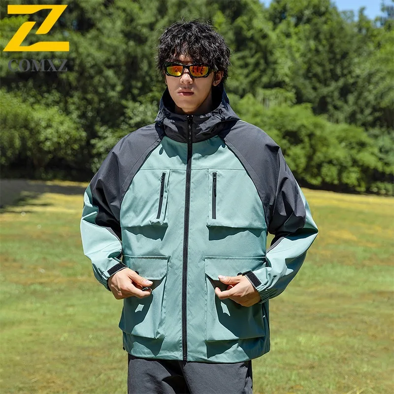 COMXZ 2025 Spring Autumn Jacket Men Hooded Loose Fit Workwear Mountain Style Outdoor Color Block Patchwork Casual Windbreaker