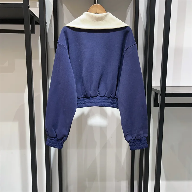 

Zadigant 2024 New Women Autumn Winter Contrasting Color Half-zip Letter Elastic Waist Short Sweatshirt