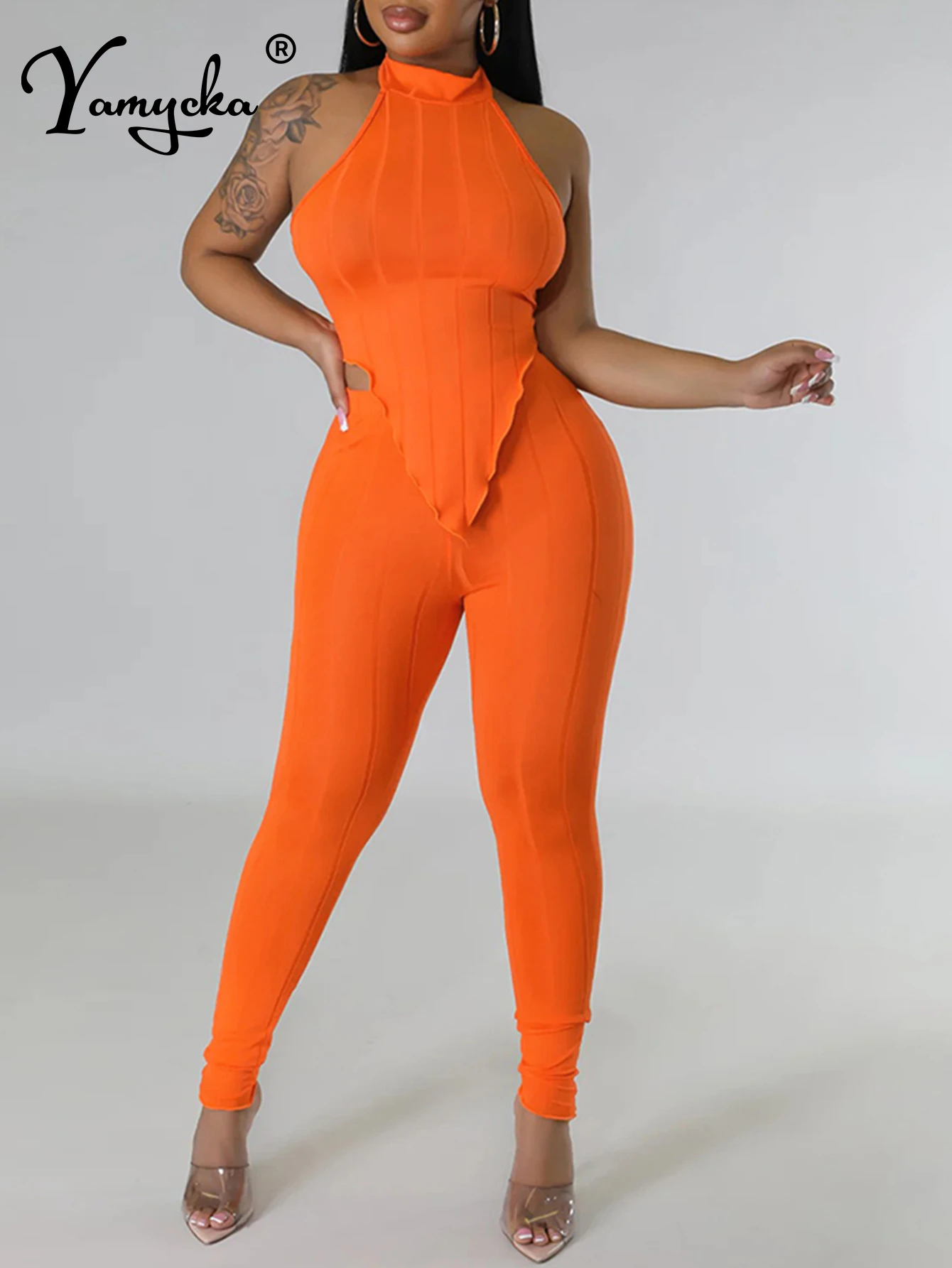 Sexy halter black bodycon jumpsuit women 2023 summer body birthday