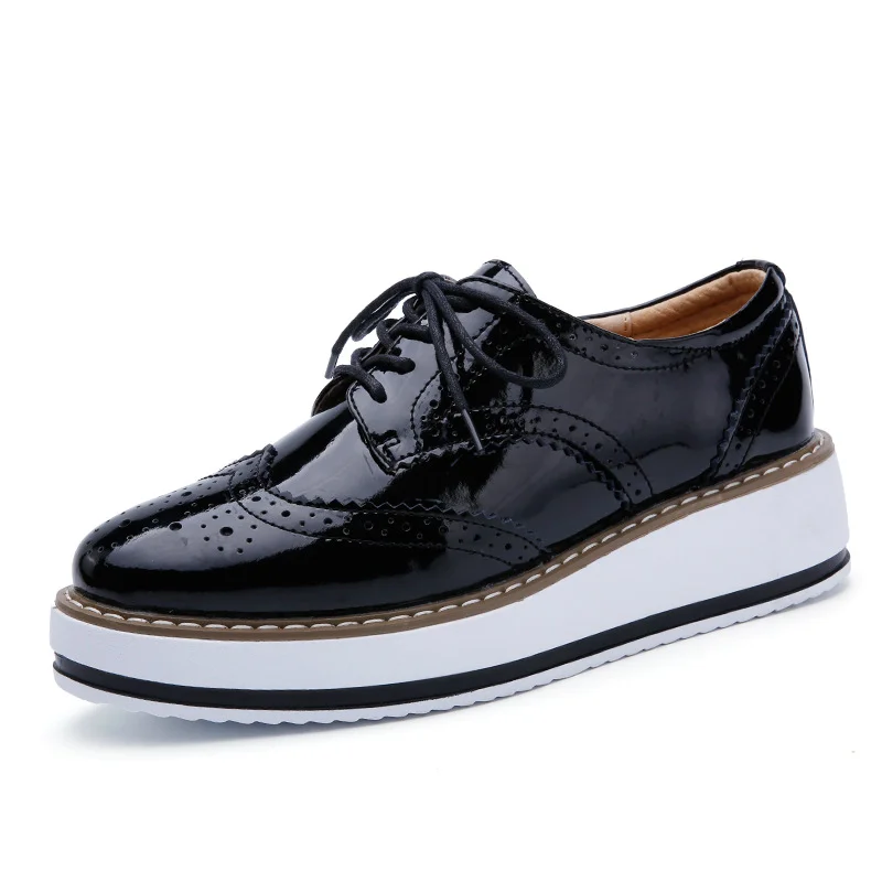 Women Oxford Shoes Derby Platform Flats Brogue Leather Lace Up Classic Bullock Footwear Female For Spring Autumn