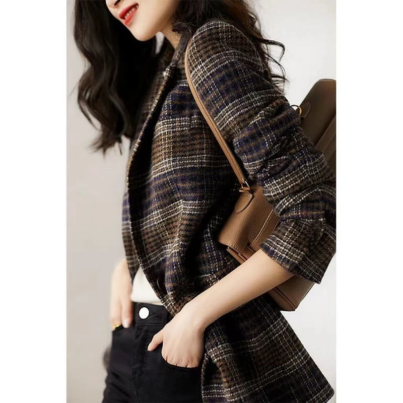 Autumn Winter Women's Vintage Plaid Printing Casual Fashion Blazers Female Slim All-match Woolen Jacket Ladies Elegant Coat Suit