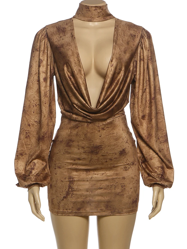 Nibber Swing Collar Mini Dresses Woman Vintage Print Halter Lantern Sleeve Skinny Peach Hip Hottie Street Sexy Fashion Bodycom