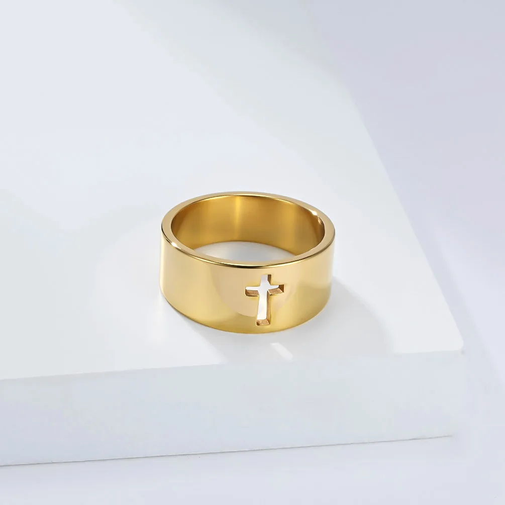 Unisex minimalist polished hollow cross ring for men and women, niche high-end titanium steel jewellery 6