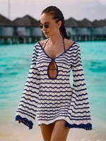 Sexy Boho Striped Chic V-neck Cut Out Bell Sleeve Knit Dress 2025 Summer Women Seaside Holiday Mini A-Line Dress K123 - Image 2