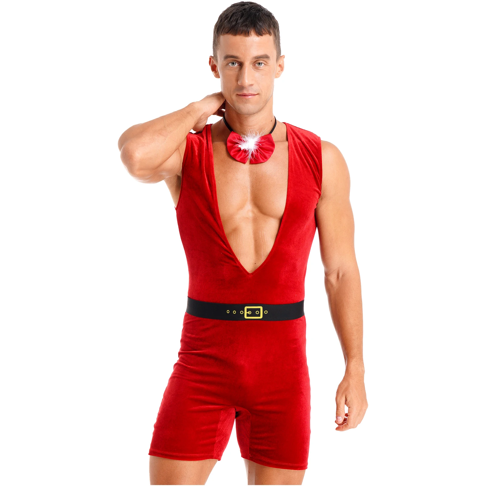 

Mens Christmas Party Costume Deep V Neck Sleeveless Velvet Bodysuit Jumpsuit with Belt Feather Trim Bowtie Theme Party Clubwear