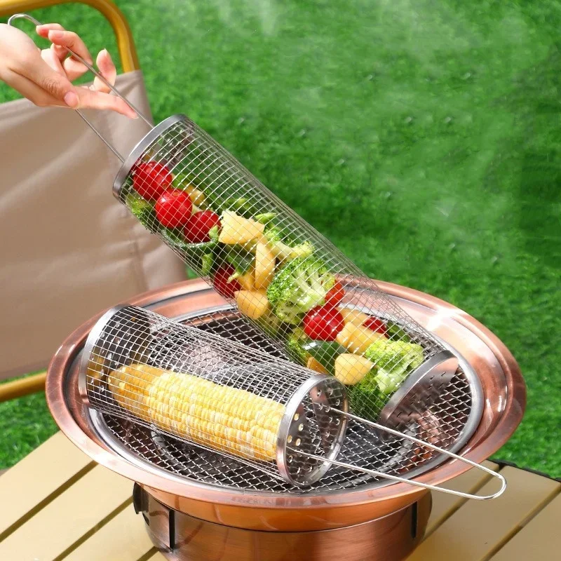 BBQ Basket Portable Stainless Steel Barbecue Cages Grill Camping Picnic Outdoor Round Campfire Grid Rolling