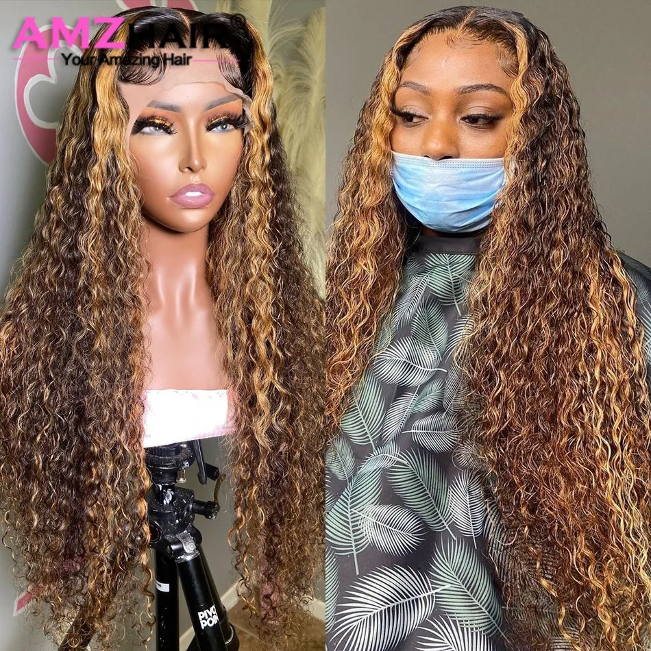 30 Inch Highlight Ombre Lace Frontal Wig Curly Human Hair Wigs 4/27