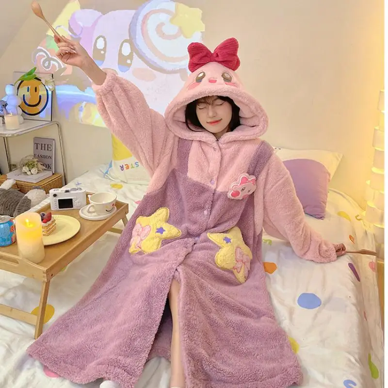 

Kawaii Kirby аниме хобби пижамы для женщин зимние плюшевые длинные пижамы плюс бархатная утепленная Домашняя одежда можно носить на улице