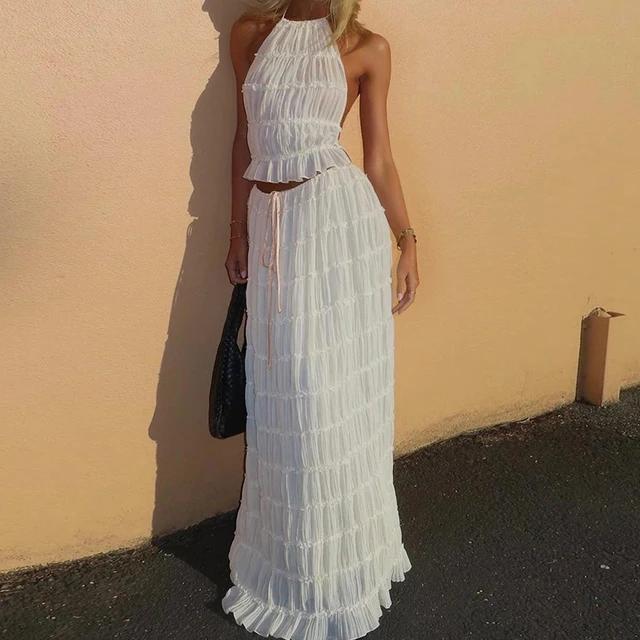 Women Boho Sexy Backless Matching Suit 2 Piece Beach Holiday Outfits Vintage Ruched Halter Cami Tops + Maxi Long Skirt Party 3