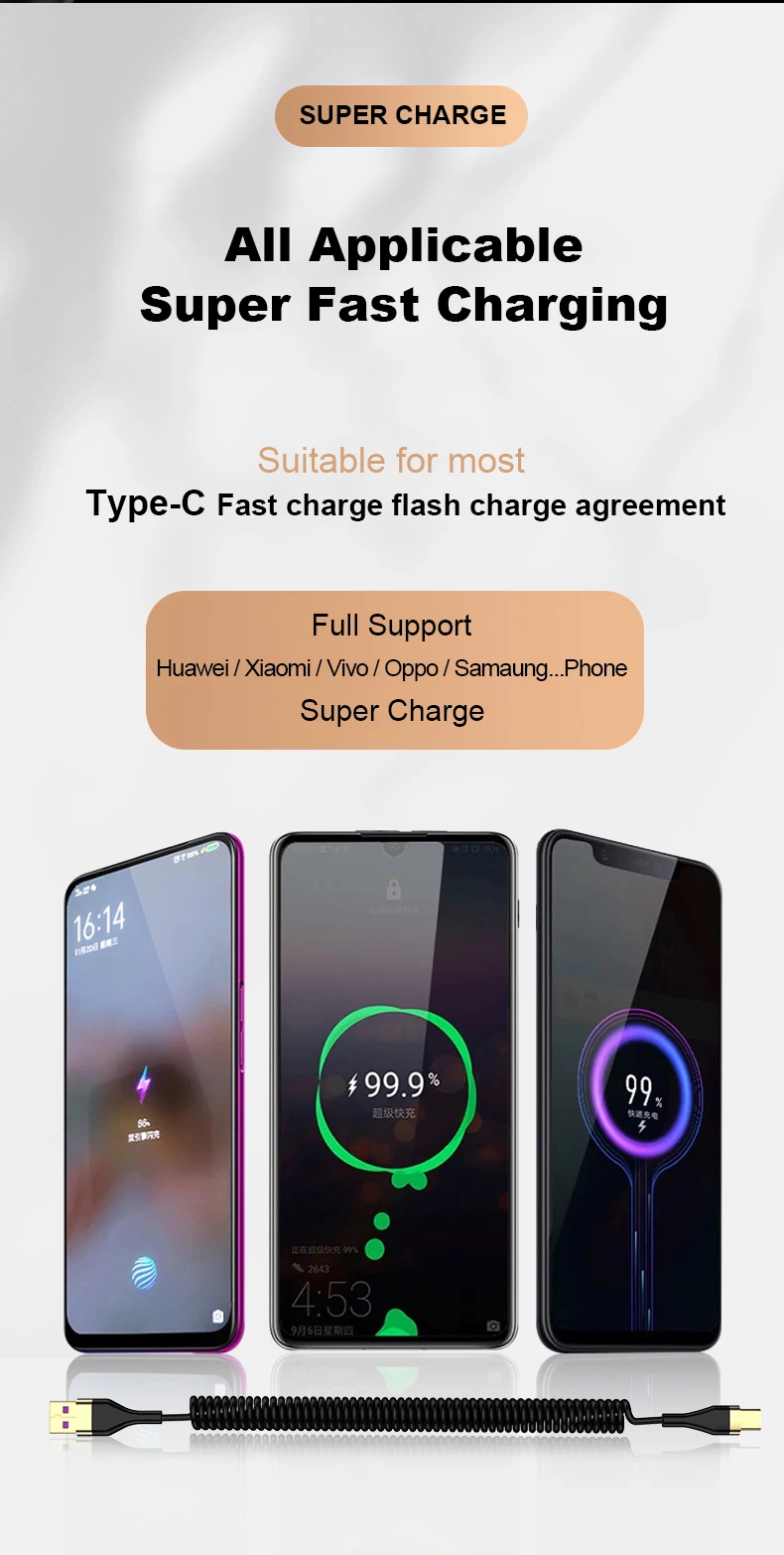 5A Ultra Fast Charging USB To Micro TypeC Spring charging Cable  Mobile Phones Fast Charge Cable For Xiaomi Redmi Huawei Realme android type charger