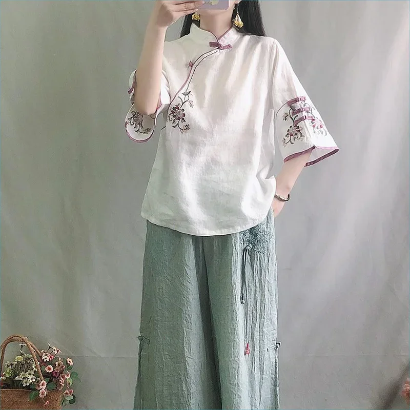 Multicolor Seven Quarter Ladies' Cotton Linen Shirt Blouse Chinese Traditional Women's Formal Top Ttang Costume Hanfu E920
