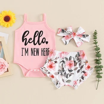 2024-03-09 Lioraitiin 0-18M Cute Baby Girls Summer Clothes Set Sleeveless Letter Print Romper+Frill Trim Flower Shorts+Headband 2