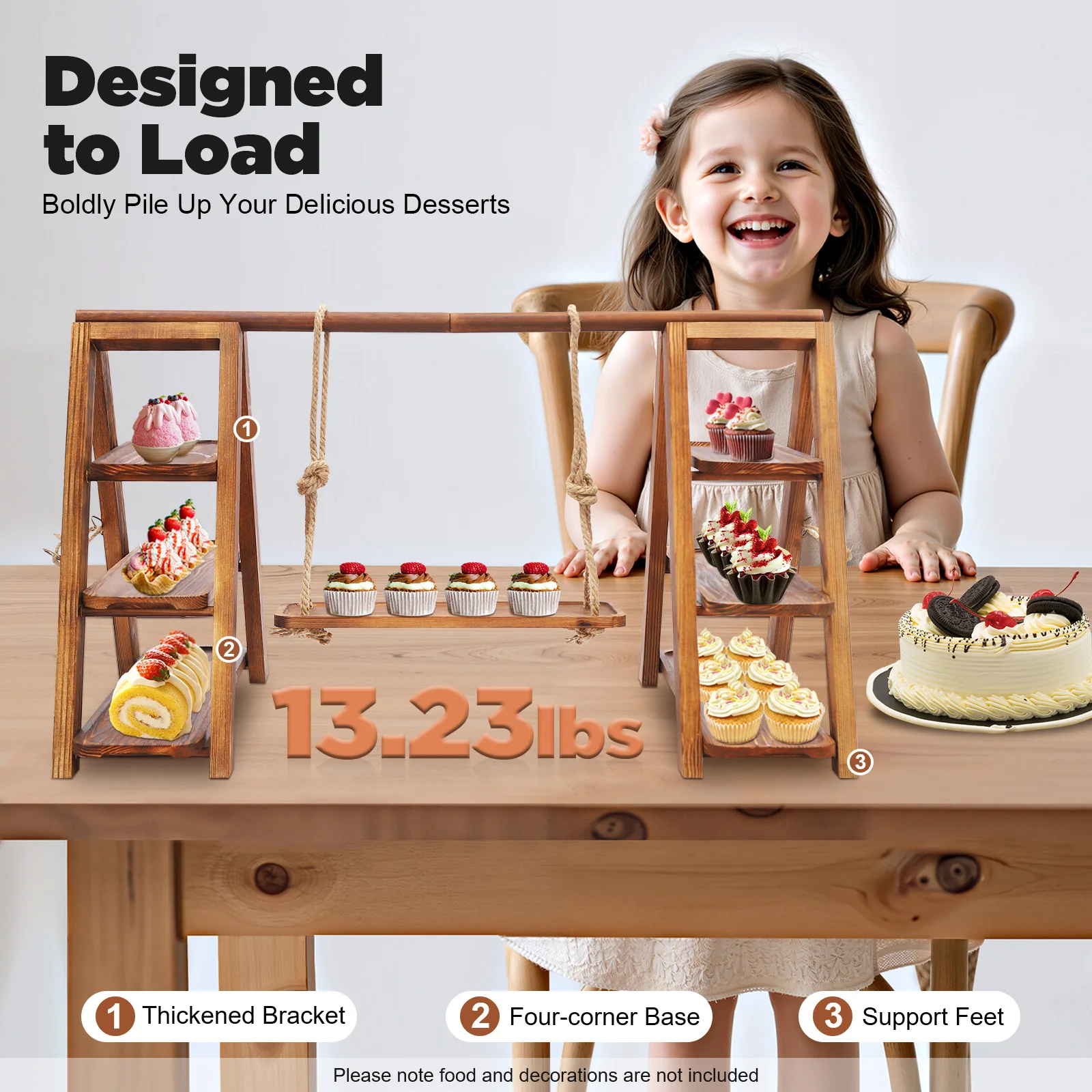 3-Tier Solid Wood Dessert Stand 6KG Load Capacity Detachable Wooden Cupcake Display Rack for Wedding Birthday Party 4