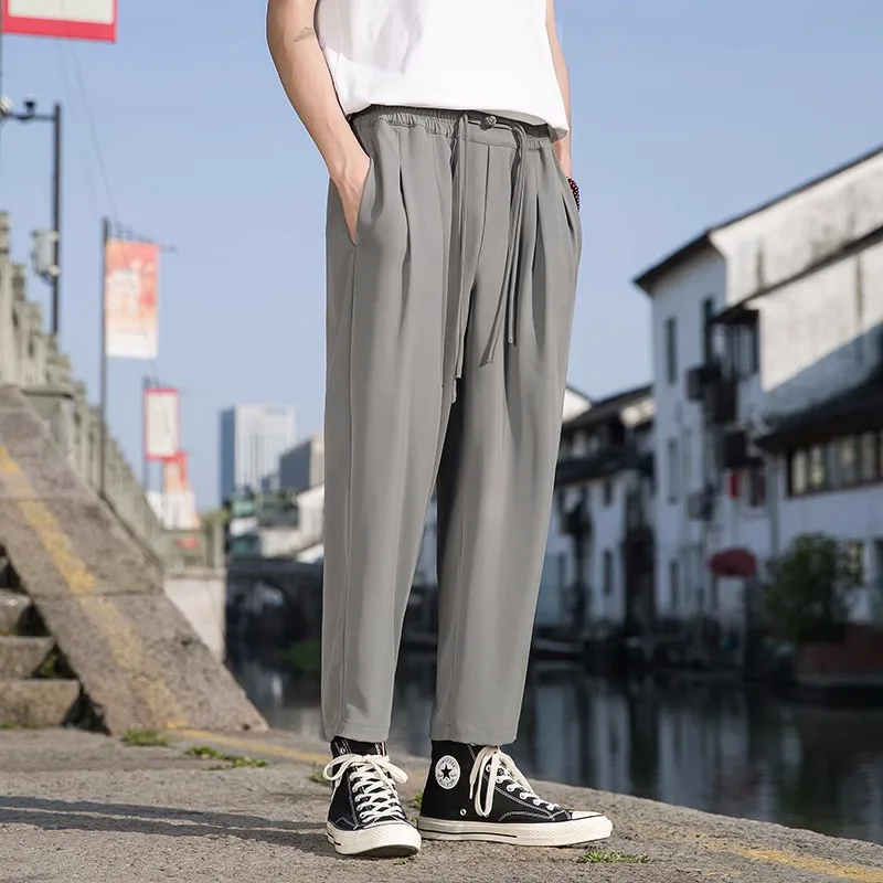 

2023 Summer Men's Chinese Style High Street Casual Pants Elastic Waist Loose Sweatpants Black/Grey/Khaki Color Trousers M-5XL