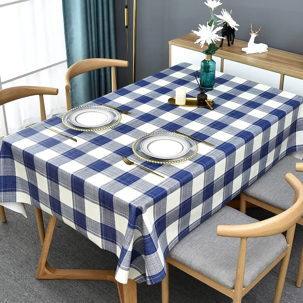 SimpleStyleRectangularTableclothBlueWhiteGrayPlaidTablecloth